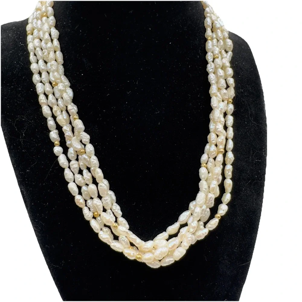Vintage Multi-Strand Freshwater Rice/Seed Pearl Necklace Gold Tone Clasp 18" - Picture 9 of 14